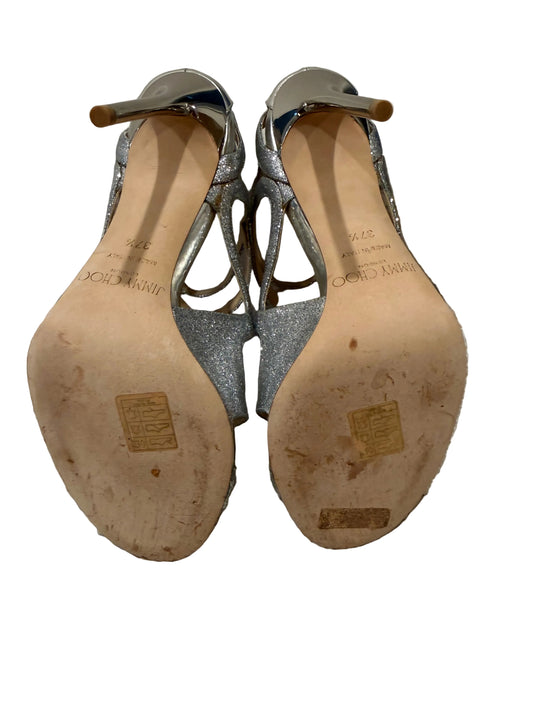 Jimmy Choo “Leslie 110” Silver Glitter Heels