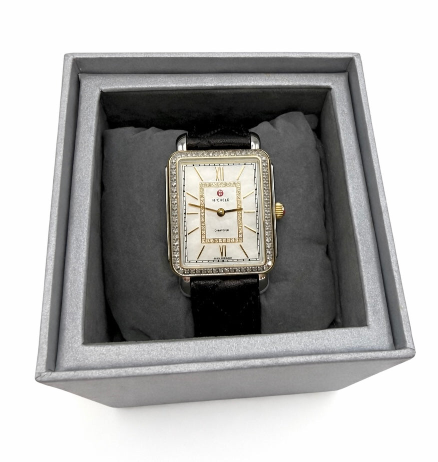 Michele Deco Diamond Watch – Black Leather Strap