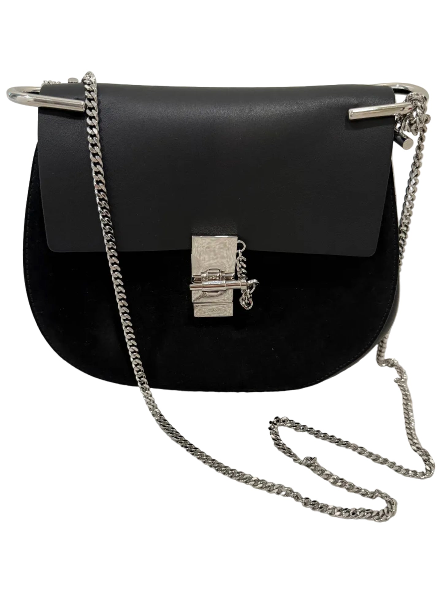Chloé Drew Small Shoulder Bag – Black Leather & Suede with Silver Hardware