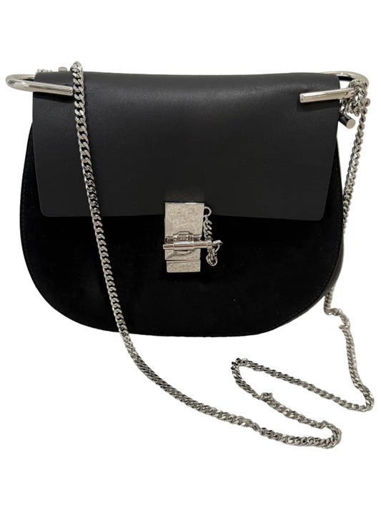 Chloé Drew Small Shoulder Bag – Black Leather & Suede with Silver Hardware