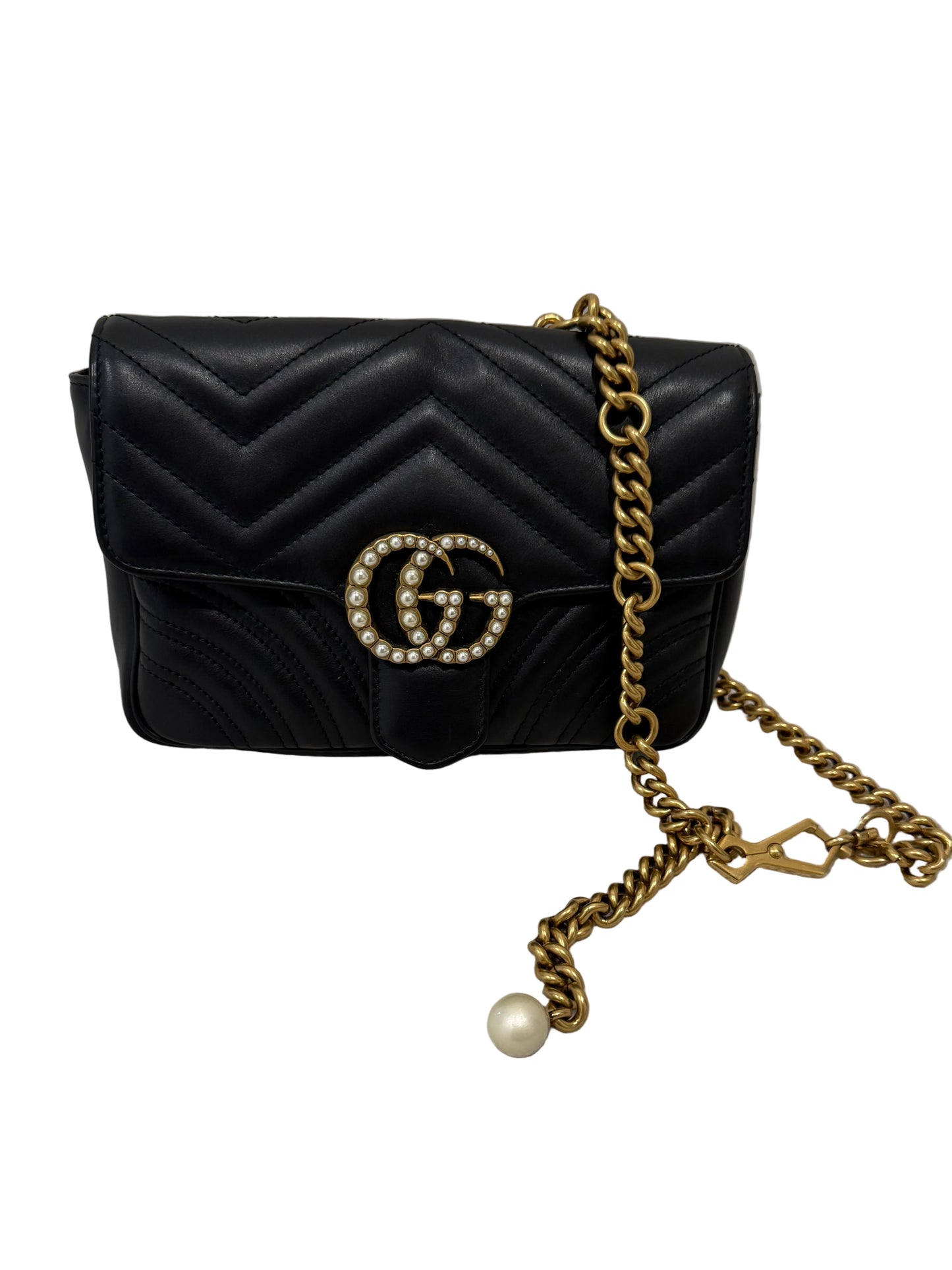 Gucci GG Marmont Mini Chain Bag – Black Leather with Pearl GG
